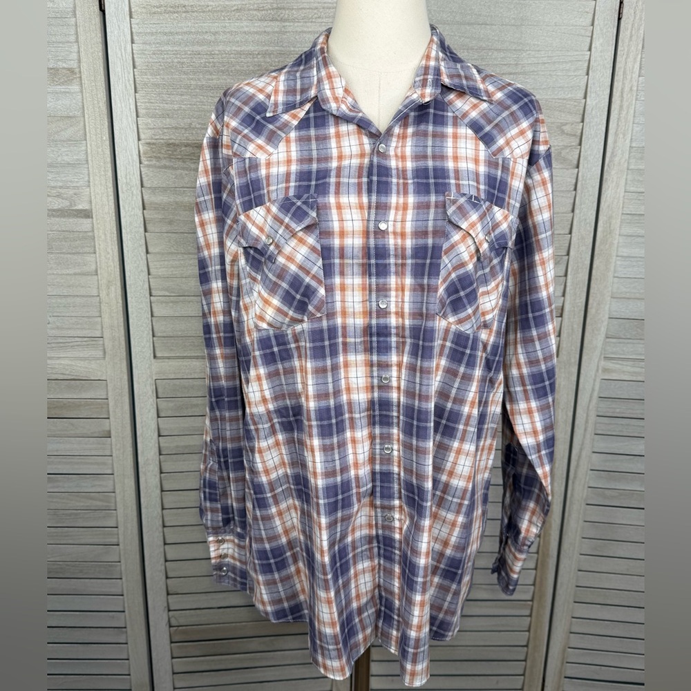 ELY CATTLEMAN Men's Plaid Pearl Snap Front Casual Western Shirt Blue Multi-Large